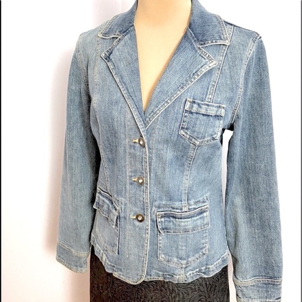 Tailored Blue Denim Jean Jacket Bling Button Embellishments Size S